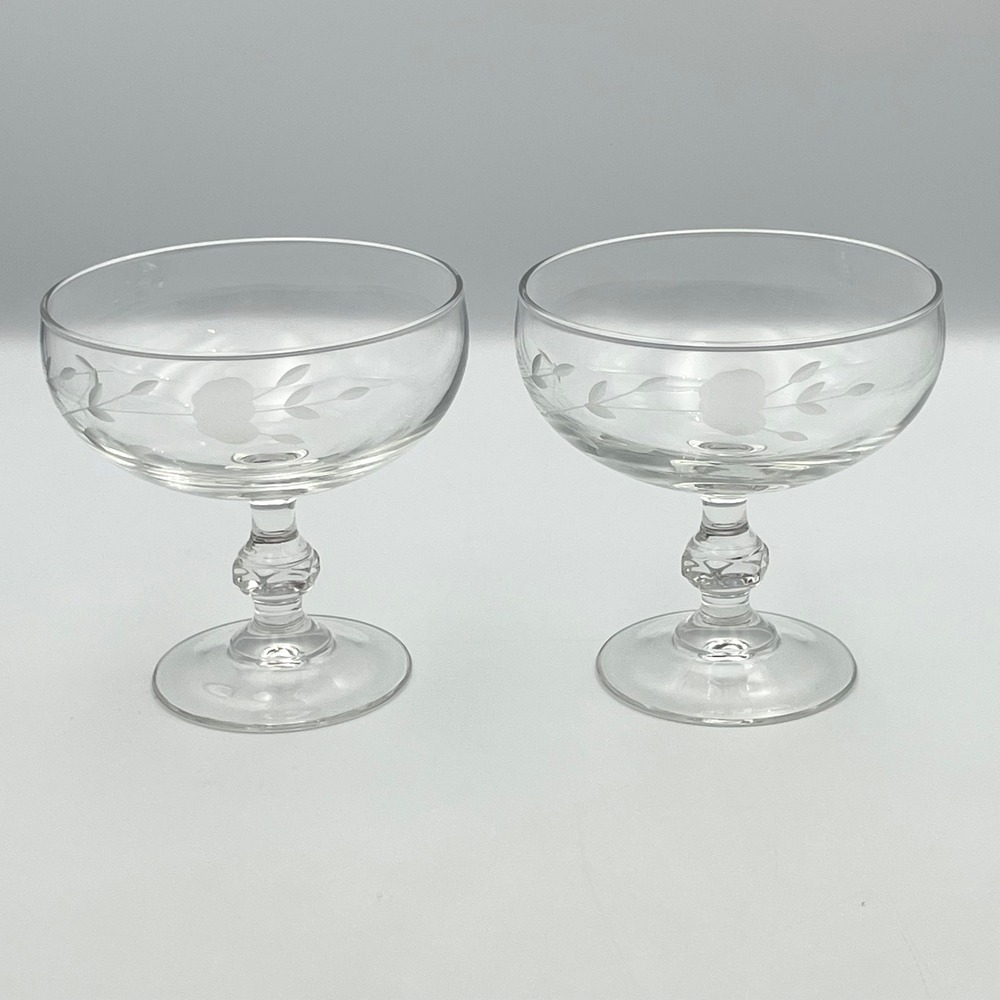 Vintage 1980s Princess House Heritage Etched Coupe Champagne Glasses Set of 2